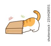 Cute cat. A yellow tabby cat is pushing its head into a paper bag.