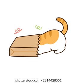Cute cat  A yellow tabby cat is pushing its head into paper bag 