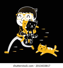 süße Katze und junger Mann im flachen Design-Stil
