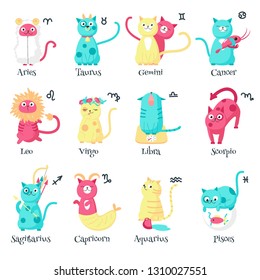 Cute cat zodiac signs, vector illustration isolated on white background. Twelve funny cats astrological signs Aries Taurus Gemini Cancer Leo Virgo Libra Scorpio Sagittarius Capricorn Aquarius Pisces.