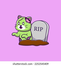 Cute Cat Zombie From Grave Cartoon Vector Icons Illustration. Flat Cartoon Concept. Suitable for any creative project.