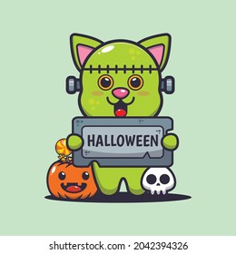 cute cat zombie holding halloween greeting