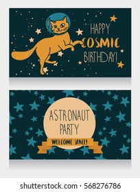 Cute cat-astronaut on starry background, funny invitation cards for cosmic birthday party, vector illustration