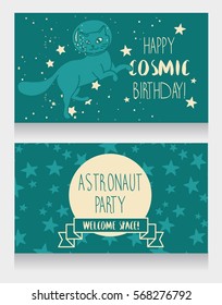 Cute cat-astronaut on starry background, funny invitation cards for cosmic birthday party, vector illustration