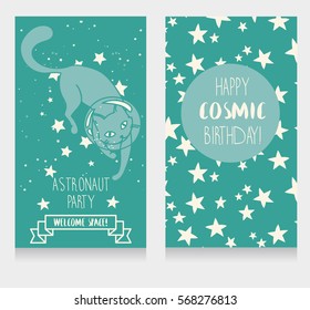 Cute cat-astronaut on starry background, funny invitation cards for cosmic birthday party, vector illustration