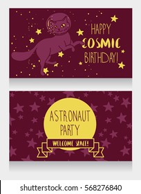 Cute cat-astronaut on starry background, funny invitation cards for cosmic birthday party, vector illustration