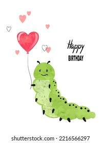 Cute caterpillar with balloon. Birthday card design for kids. Vector watercolor illustration.