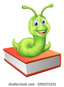 A cute caterpillar bookworm worm cartoon character education mascot sitting on a book