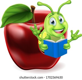 A cute caterpillar bookworm worm cute cartoon character education mascot coming out of an apple reading a book