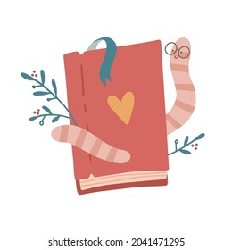 A cute caterpillar bookworm worm cute cartoon character education mascot wearing glasses embracing and hugging a closed book. Love reading concept. Flat hand drawn vector illustration.