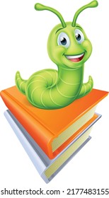 A cute caterpillar bookworm worm cartoon character education mascot sitting on a pile of books