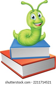 Una adorable mascota de educación para el personaje de la historieta de oruga de oruga sobre un libro de pilas