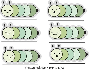 Cute caterpillar cartoon. Green caterpillar character in different face illustration. For kids