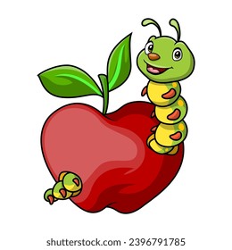 Cute caterpillar cartoon with red apple