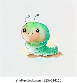 Cute caterpillar character, cartoon watercolor worm, green funny smiling garden insect, animal personage children book illustration. Adorable kawaii pest, larva, lovely bug with big eyes