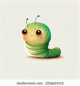 Cute caterpillar character, cartoon watercolor worm, green funny smiling garden insect, animal personage children book illustration. Adorable kawaii pest, larva, lovely bug with big eyes