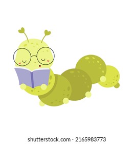 Cute Caterpillar Clipart Isolated on White Background. Funny Clip Art Caterpillar Reading a Book. Vector Illustration of an Animal for Coloring Pages, Stickers, Baby Shower, Prints for Clothes.  svg