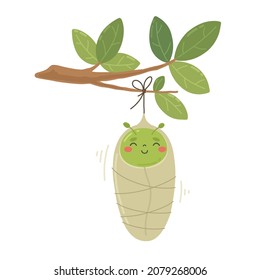 A cute caterpillar in a cocoon on a tree branch. Pupa of a butterfly. Children's vector illustration.