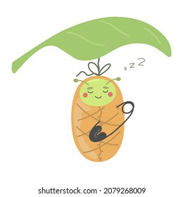 A cute caterpillar in a cocoon on a tree branch. Pupa of a butterfly. Children's vector illustration.