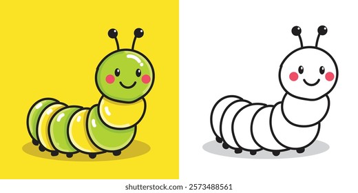 A cute caterpillar doll cartoon illustration for a sticker, design element, or coloring book element