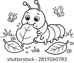 Cute caterpillar eating a leaf coloring page for kids vector illustration