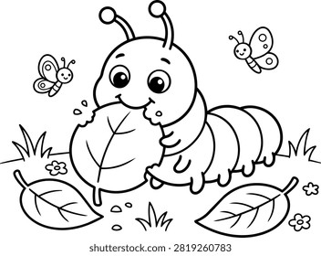 Cute caterpillar eating a leaf coloring page for kids vector illustration