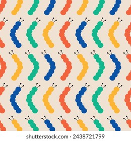 Cute caterpillar hand drawn vector illustration. Colorful insect in flat style seamless pattern for kids fabric or wallpaper.