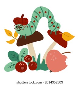 Cute oruga en sombrero y gafas en hongos. Escena de otoño con insecto lindo. Paisaje de bosque de temporada otoño para imprimir, pegar, postal. Graciosa ilustración forestal.
