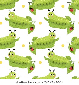 Cute caterpillar and ladybug seamless pattern background, funny cartoon insects on green leaves repeat vector illustration isolated on white background.