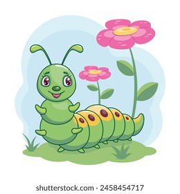 Cute caterpillar. Lawn. Flowers. Fun vector illustration for children.