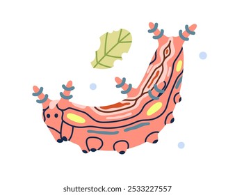 Süße Raupe und Blatt. Fett-Raupe mit dickem Körper. Schmetterlingslarve. Garteninsekt, Tausendfüßler. Larven, Tiere in der Natur. Flache Vektorgrafik einzeln auf weißem Hintergrund