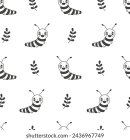 Cute caterpillar and leaf seamless pattern in doodle style. Hand drawn black and white line background for kids. Happy insect character and nature elements. Repeat vector illustration.