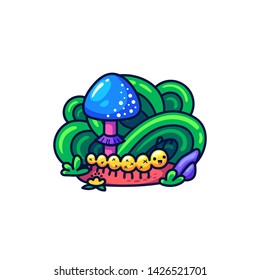 Cute caterpillar and mushroom in doodle style. May be used as sticker, coloring, badge, print or in another project. Vector illustration.