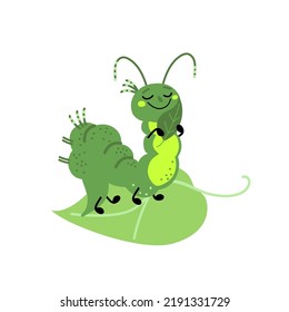 Cute caterpillar on green leaf. Funny larva holding fresh sprout. Cartoon character, hand drawn vector illustration isolated on white background. Flat design