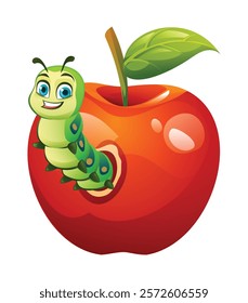 Cute caterpillar popping out from hole in red apple. Vector cartoon illustration