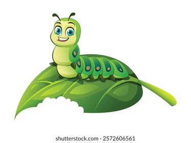 Cute caterpillar resting on a bitten leaf. Vector cartoon illustration