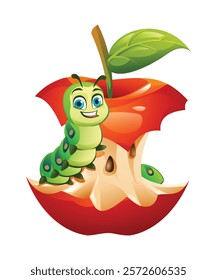 Cute caterpillar sitting on a bitten red apple core with seeds and leaf. Vector cartoon illustration