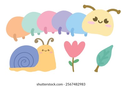 Cute caterpillar, snail, and leaf element with kawaii style. Suitable for flat design illustration, clip art, stickers, etc