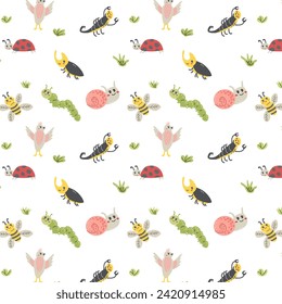 cute caterpillar and snails, birds, bee seamless pattern. Vector illustration can used for baby textile background, wallpaper, poster and decoration. 