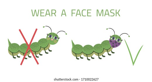 Ilustración vectorial de oruga con texto - Usa una máscara facial. Imagen divertida al estilo de las caricaturas. Concepto de procedimientos de prevención y seguridad contra las enfermedades infecciosas, el coronavirus y la gripe. Diseño para niños