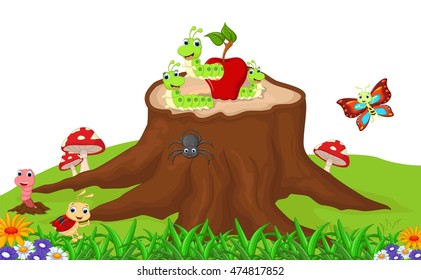 cute caterpillar wit red apple cartoon on the stump up