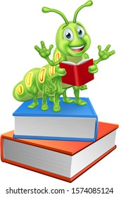 A cute caterpillar worm bookworm cartoon character education mascot reading on top of a pile of books reading