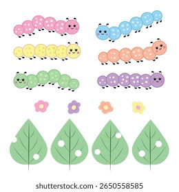 Cute caterpillars, eating leaves, flowers. Vector Illustration for printing, backgrounds, covers and packaging. Image can be used for card, poster, sticker and textile. Isolated on white background.