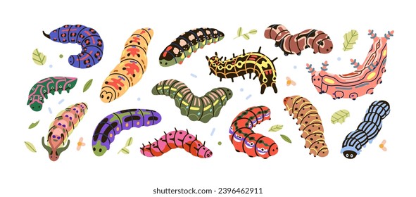 Cute caterpillars set. Funny larval insects, butterfly larva, worm, long centipede, slow grub. Spring and summer fauna, crawling. Colored flat vector illustrations isolated on white background