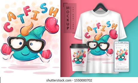 Cute catfish poster and merchandising. Vector eps 10