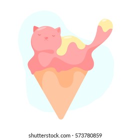 Cute cat-ice cream. Vector cartoon illustration. Character. Pastel colors. Postcard, poster.