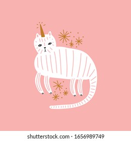 Caticorno lindo. El unicornio gato, el concepto de animales de fiesta mágica gica. Caricatura de Doodle, personaje elegante. Diseño de imágenes prediseñadas de EPS vectoriales