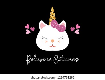 Cute caticorn design with decorative handwritten text