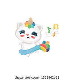 Cute caticorn fantasy animal character or cat with unicorn horn and rainbow tail dancing among music notes cartoon vector illustration isolated on white background.
