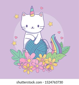 cute caticorn with floral decoration and ball of wool vector illustration design